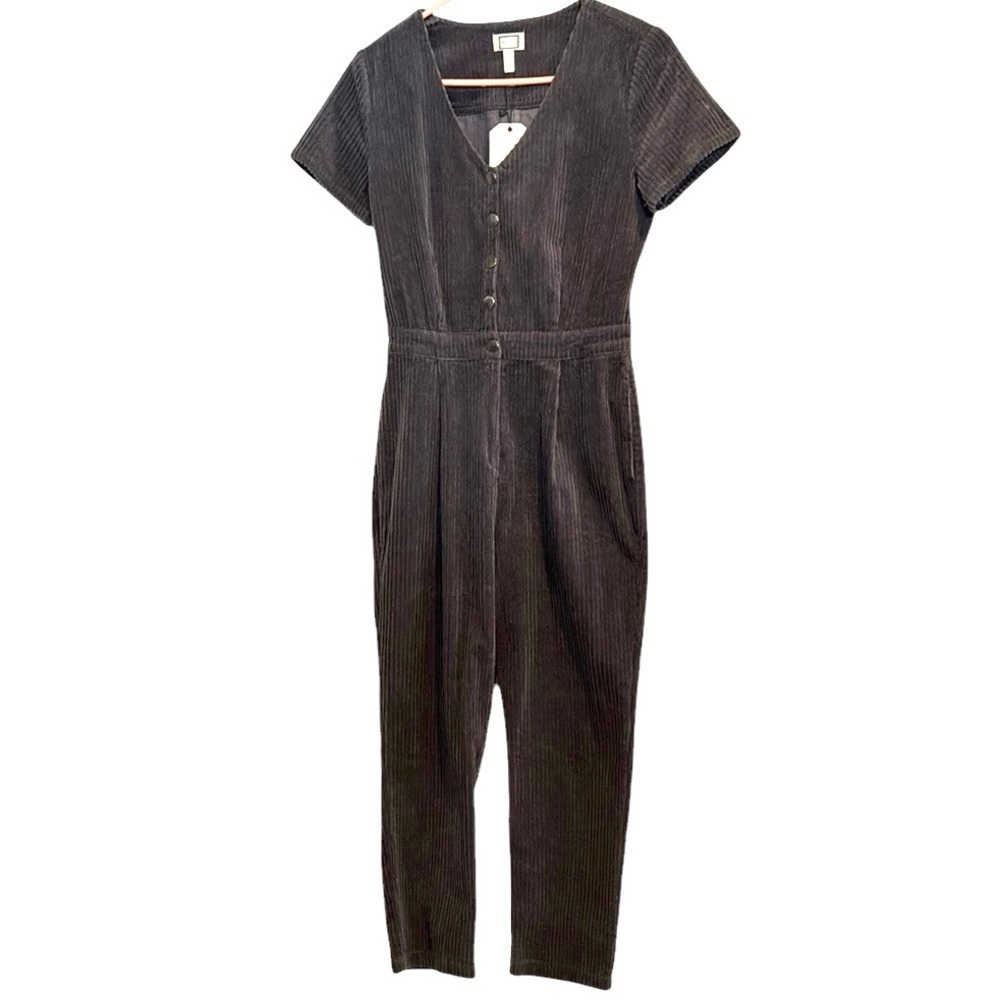 MO Vint dark charcoal, gray wide whale corduroy snap front short sleeve jumpsuit